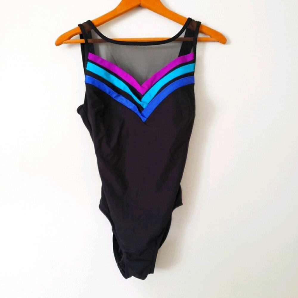 Vintage One Piece Swimsuit Black Blue Colorblock Rainbow Sweetheart Neck Size 8
